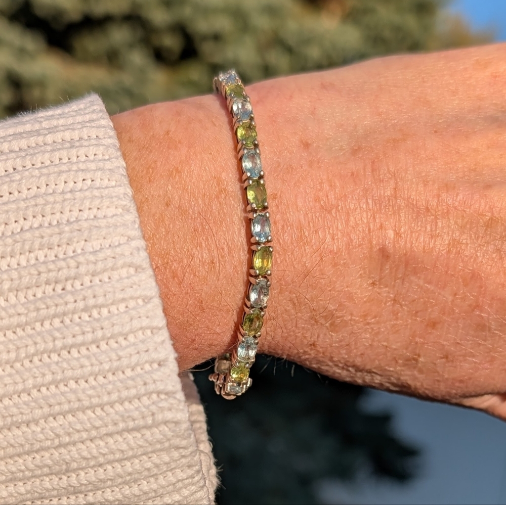 Tennis Bracelet Peridot & Blue Topaz 925 Silver Gemstone Bracelet Stamped